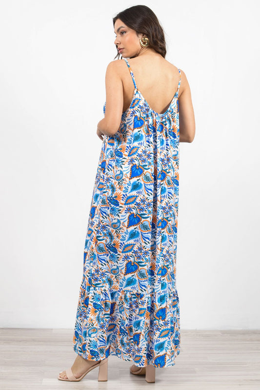 Φόρεμα maxi εμπριμέ με βολάν