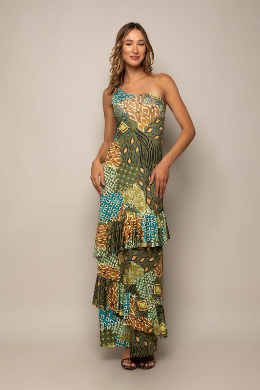 Φόρεμα maxi cocktail με βολάν multicolor