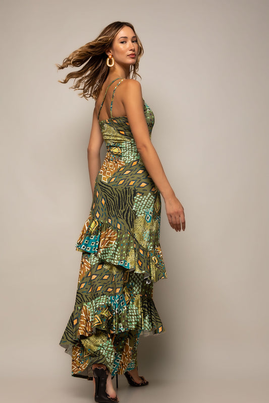 Φόρεμα maxi cocktail με βολάν multicolor