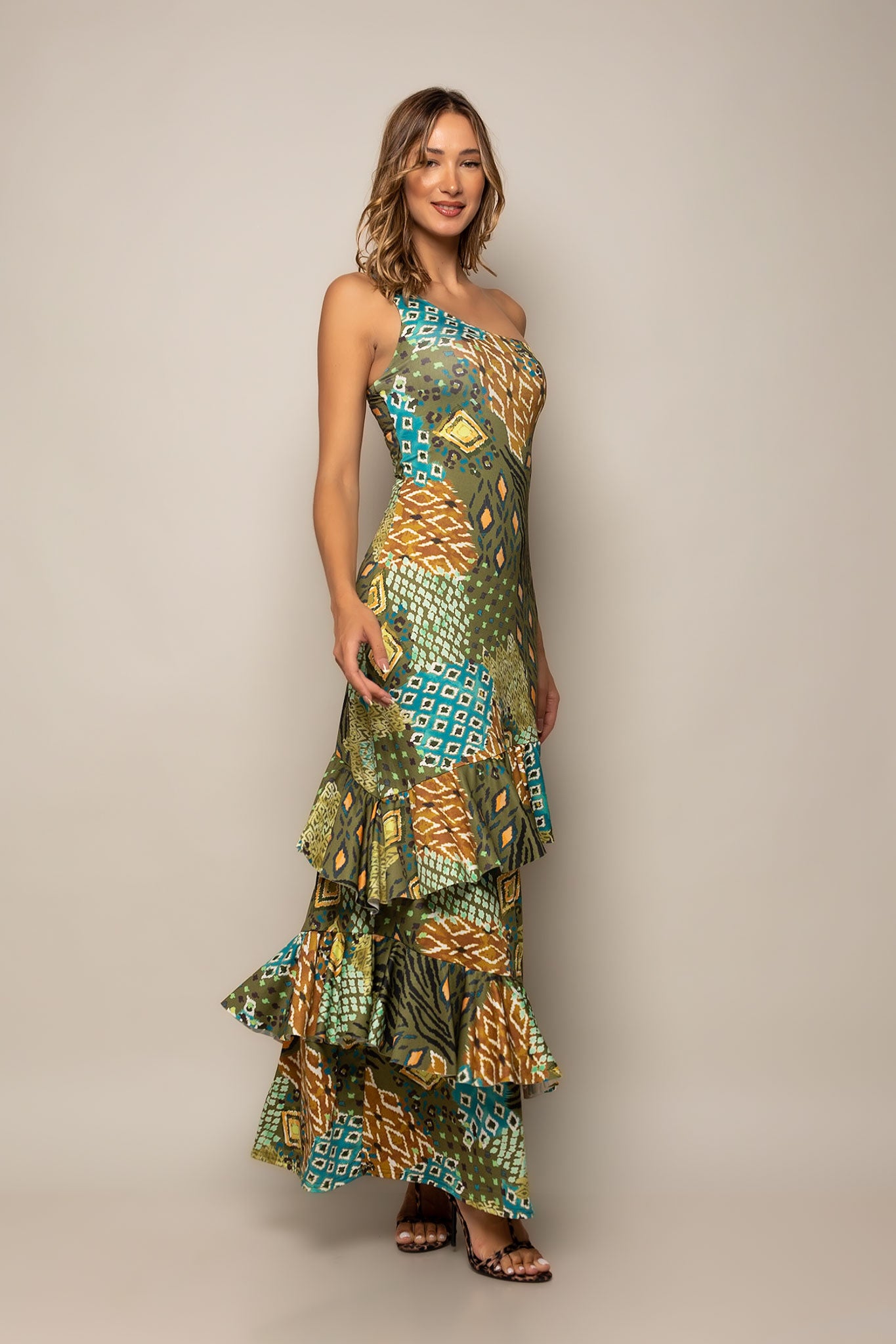 Φόρεμα maxi cocktail με βολάν multicolor