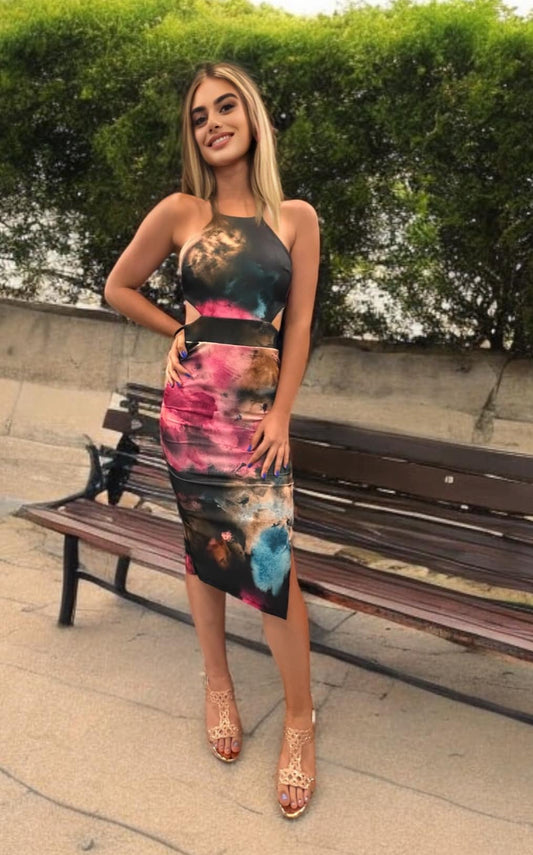 Φόρεμα sexy mini/midi rib με άνοιγμα