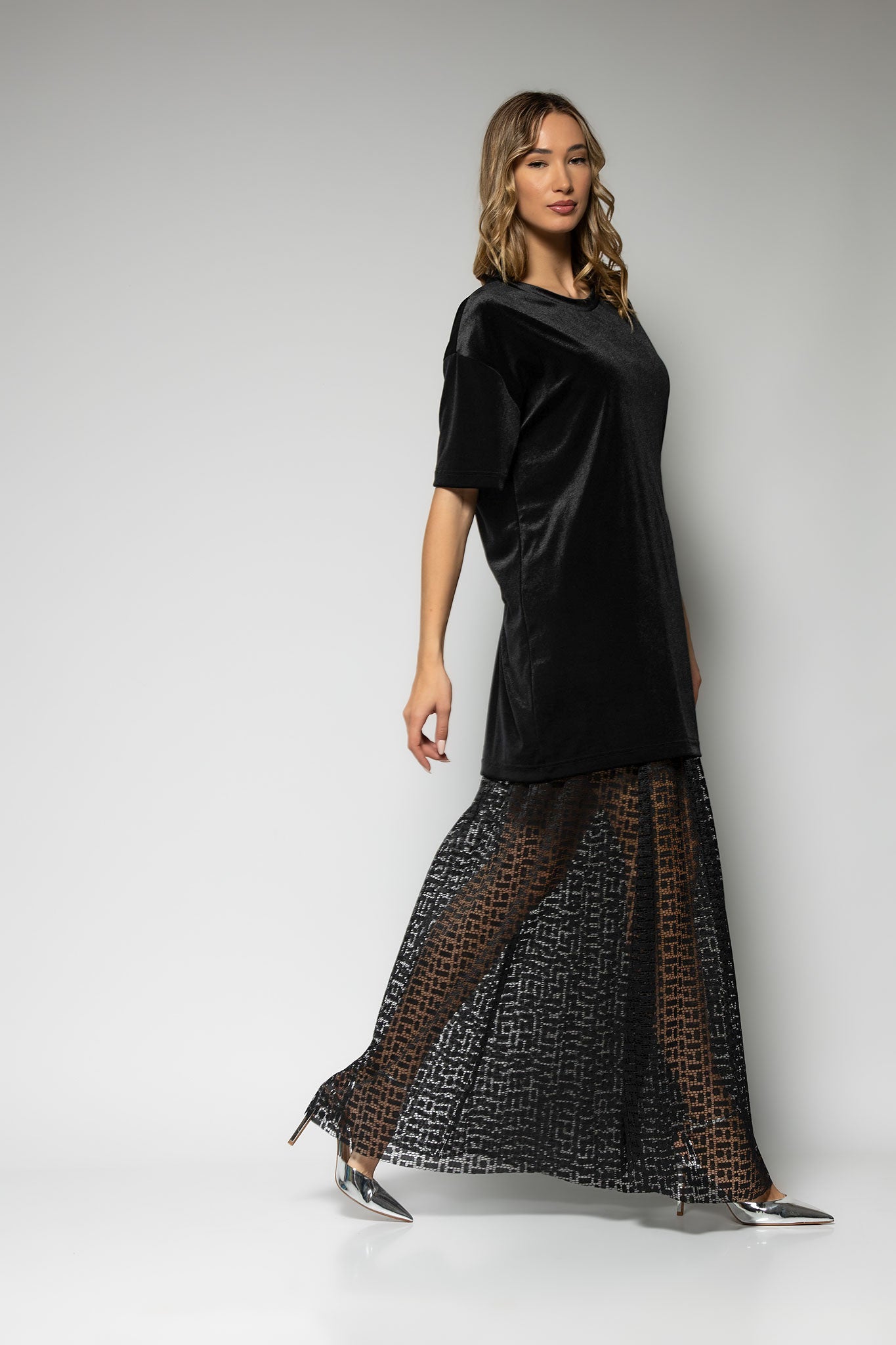 Σετ μπλούζα βελούτε - φούστα δανδέλα & ζώνη