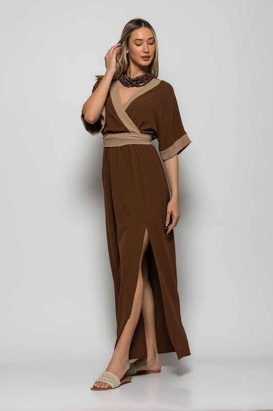 Φόρεμα crepe maxi με διχρωμία