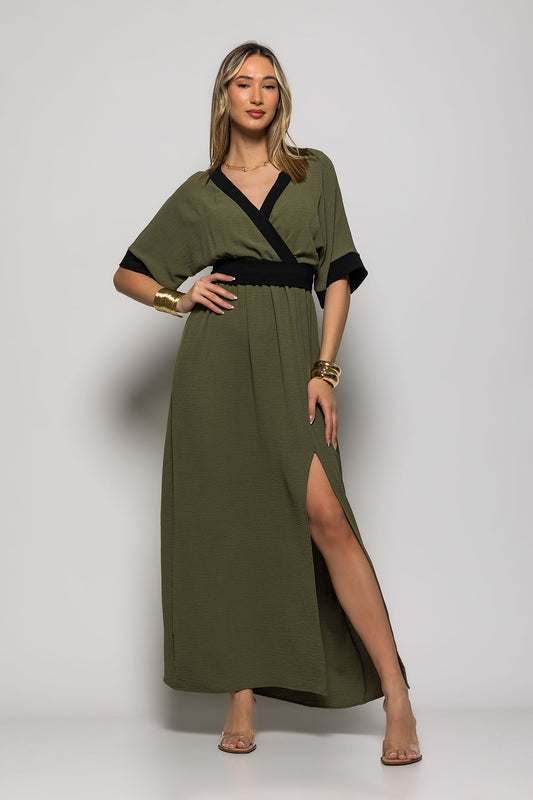 Φόρεμα crepe maxi με διχρωμία