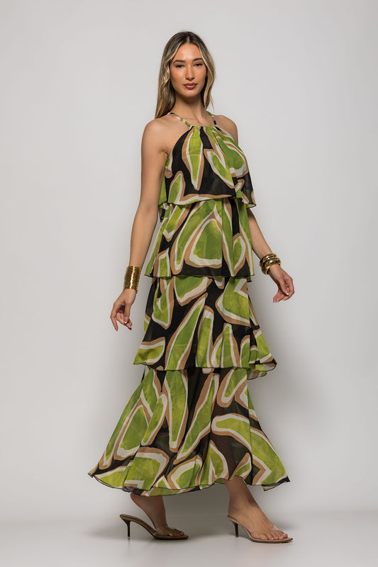 Φόρεμα maxi ζορζέτα printed με βολάν
