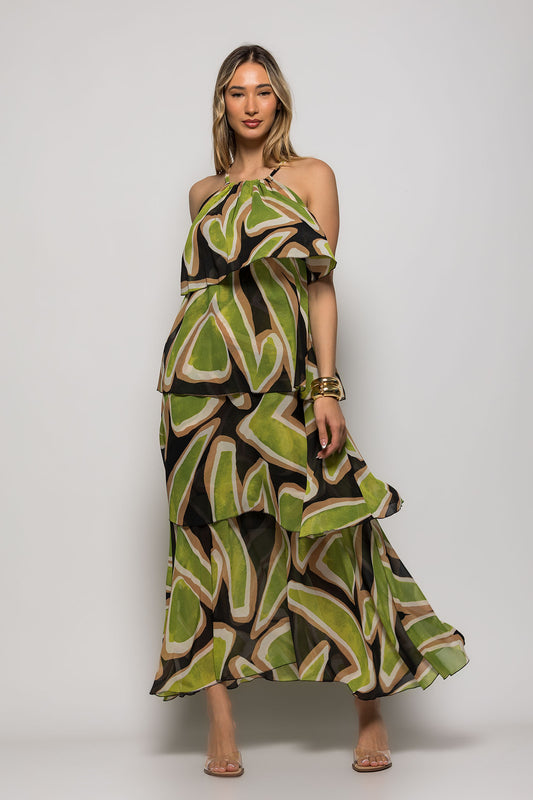 Φόρεμα maxi ζορζέτα printed με βολάν