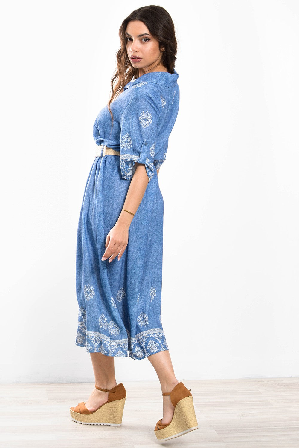 Φόρεμα midi denim look floral σεμιζιέ