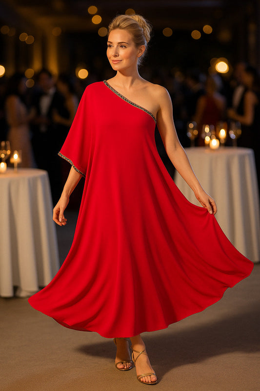 Φόρεμα maxi jersey με έναν ώμο και αλυσίδα