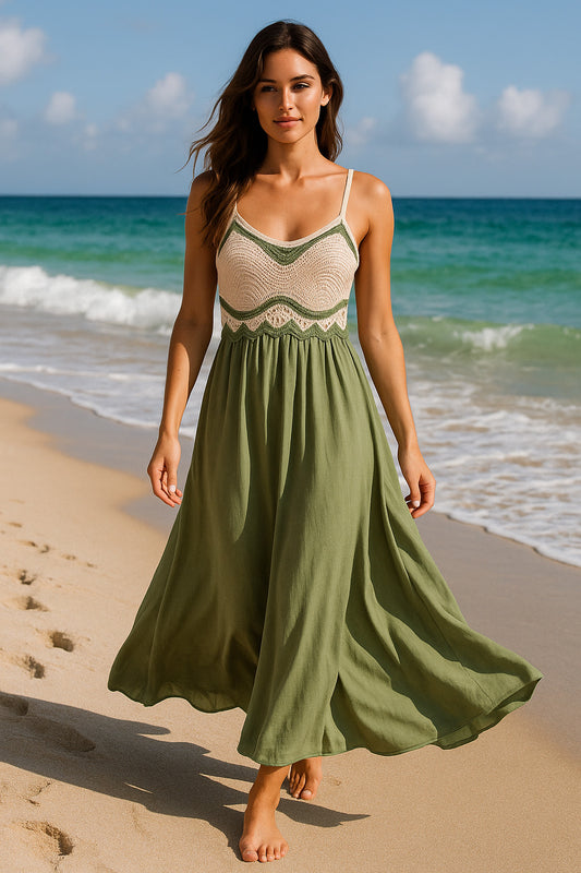 Φόρεμα maxi crepe με πλεκτό μπούστο