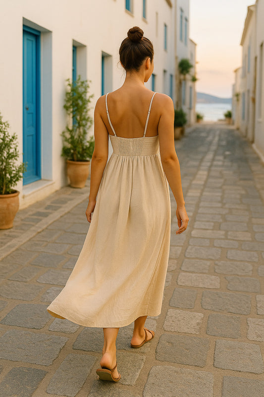 Φόρεμα μακρύ ποπλίνα με μπουτονιέρα