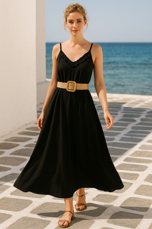 Φόρεμα maxi κρεπ Α γραμμή με ζώνη