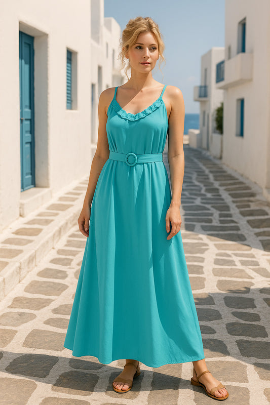 Φόρεμα maxi κρεπ Α γραμμή με ζώνη