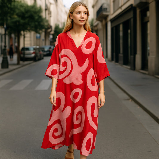 Καφτανοφόρεμα maxi printed με σατινέ υφή