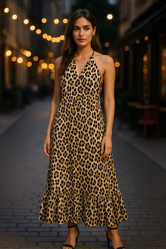 Φόρεμα maxi animal printed με δέσιμο / εξώπλατο