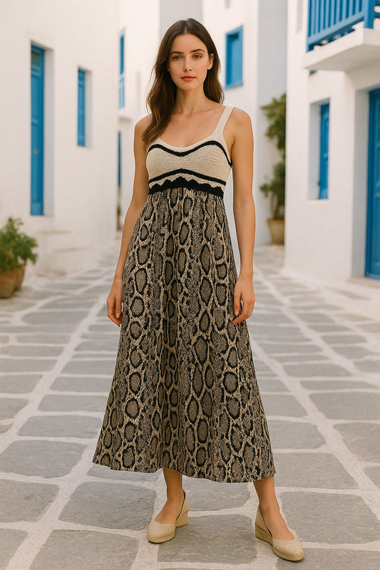 Φόρεμα maxi κρεπ με πλεκτό μπούστο