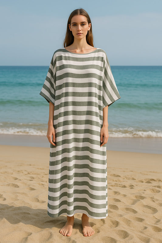 Καφτανοφόρεμα κρεπ ριγέ maxi