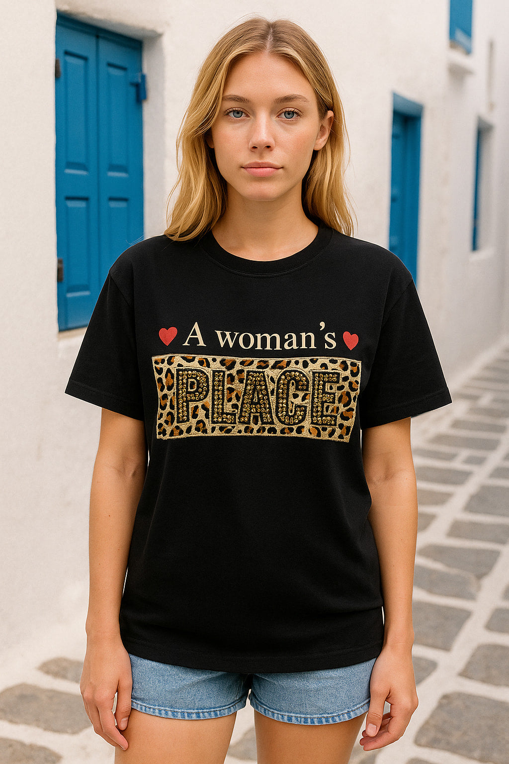 T-Shirt βαμβακερό letter and animal printed με μεγάλα strass
