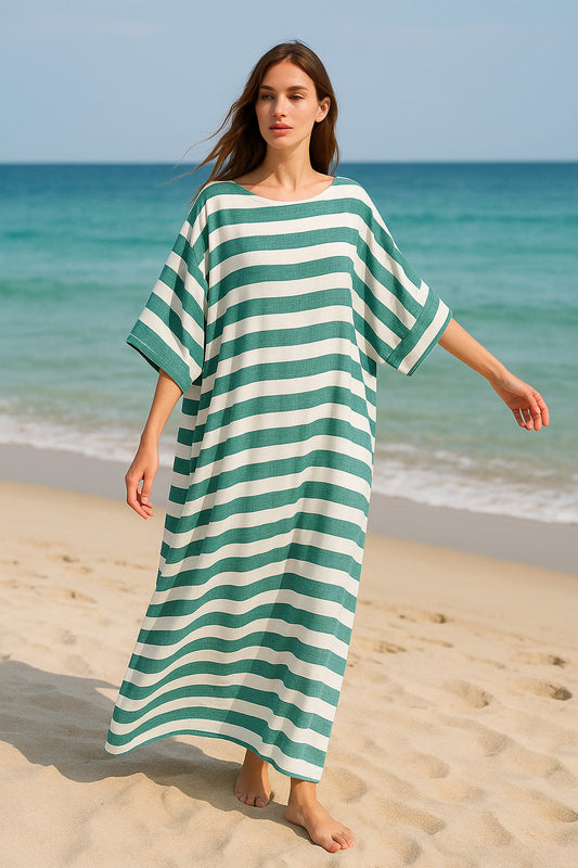 Καφτανοφόρεμα κρεπ ριγέ maxi