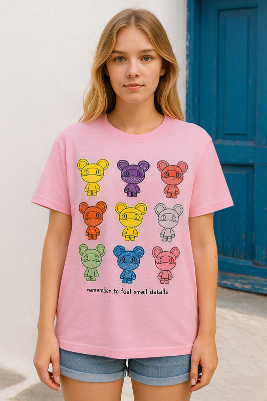 T-Shirt βαμβακερό με cartoon και strass