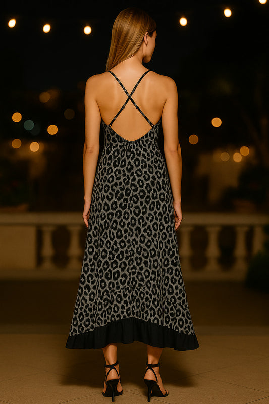 Φόρεμα midi animal printed με ασύμμετρο βολάν