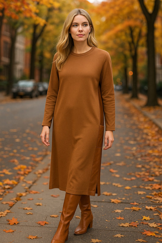 Φόρεμα midi με δερματίνη στα πλαϊνά