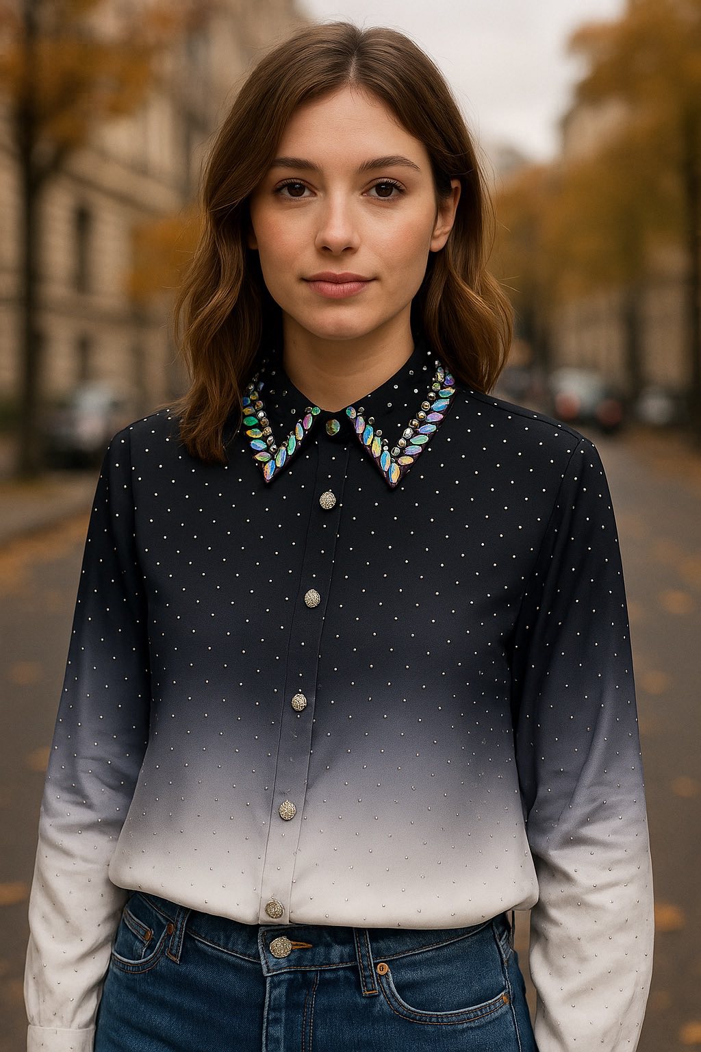 Πουκάμισο elegant με strass ombre satin
