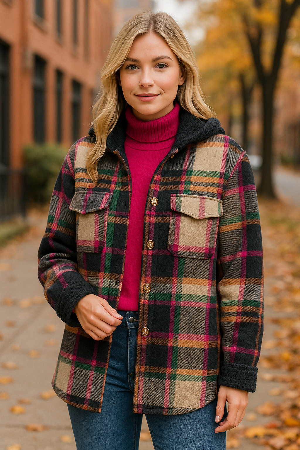 Shacket καρό με κουμπιά και κουκούλα