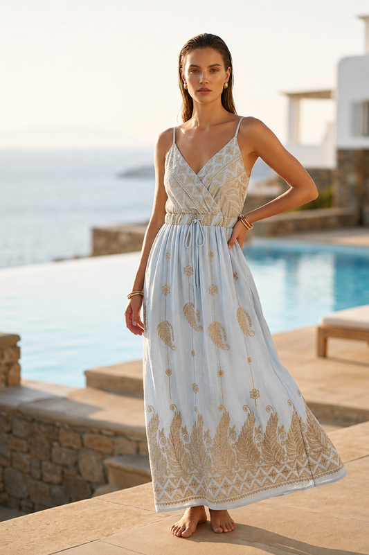 Φόρεμα maxi viscose/linen με κεντήματα