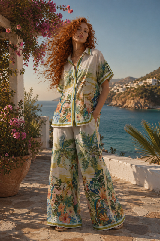 Σετ πουκαμίσα - παντελόνα με tropical prints