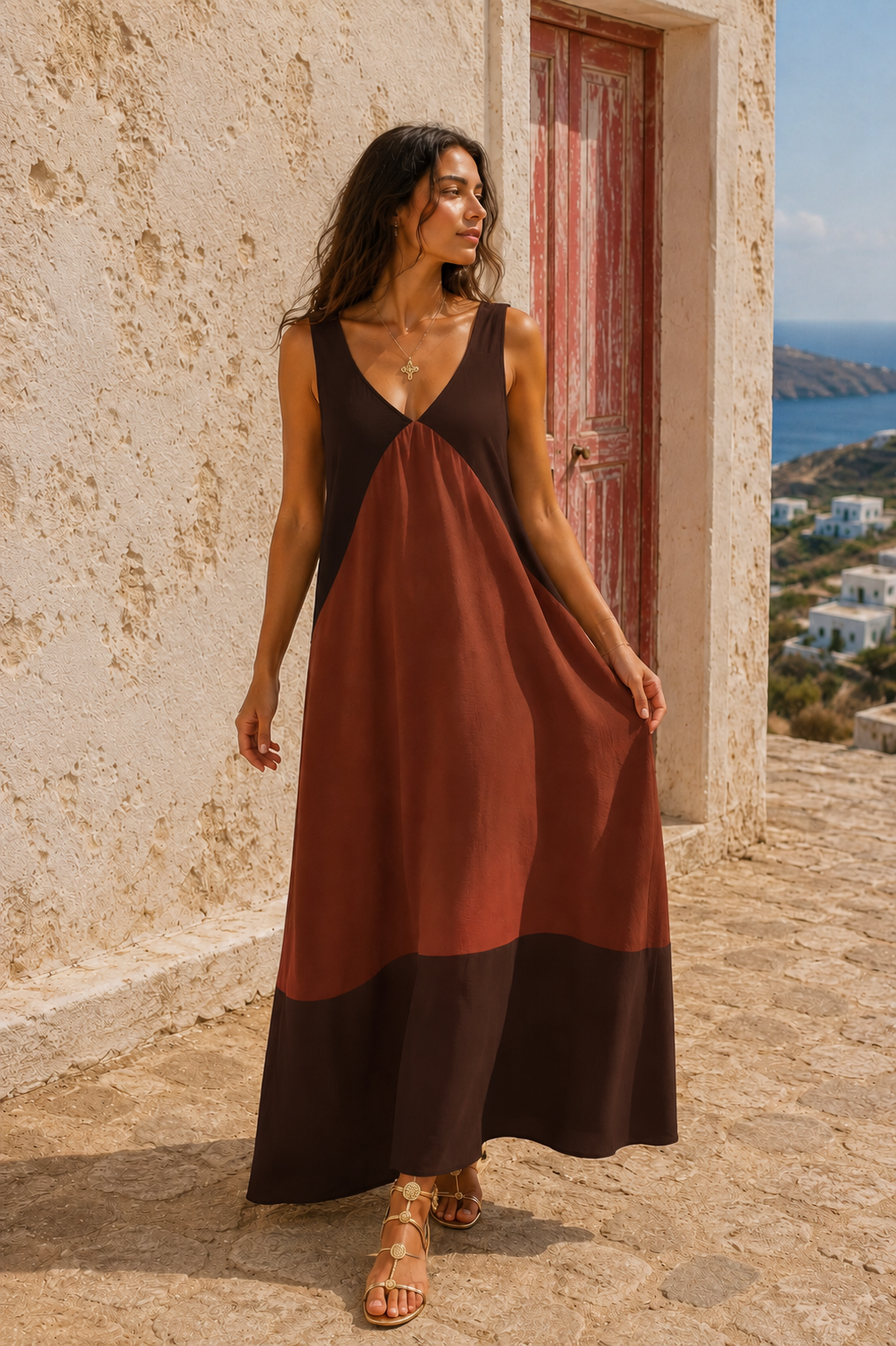 Φόρεμα maxi crep δίχρωμο σε Α γραμμή