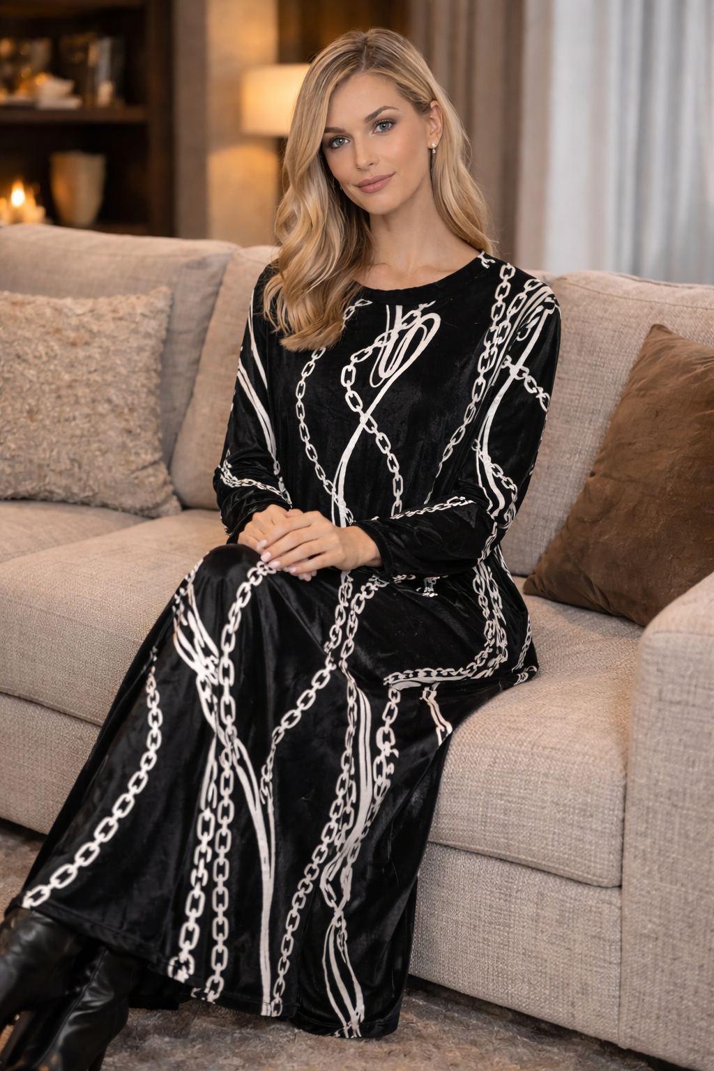 Φόρεμα maxi βελουτέ printed σε Α γραμμή