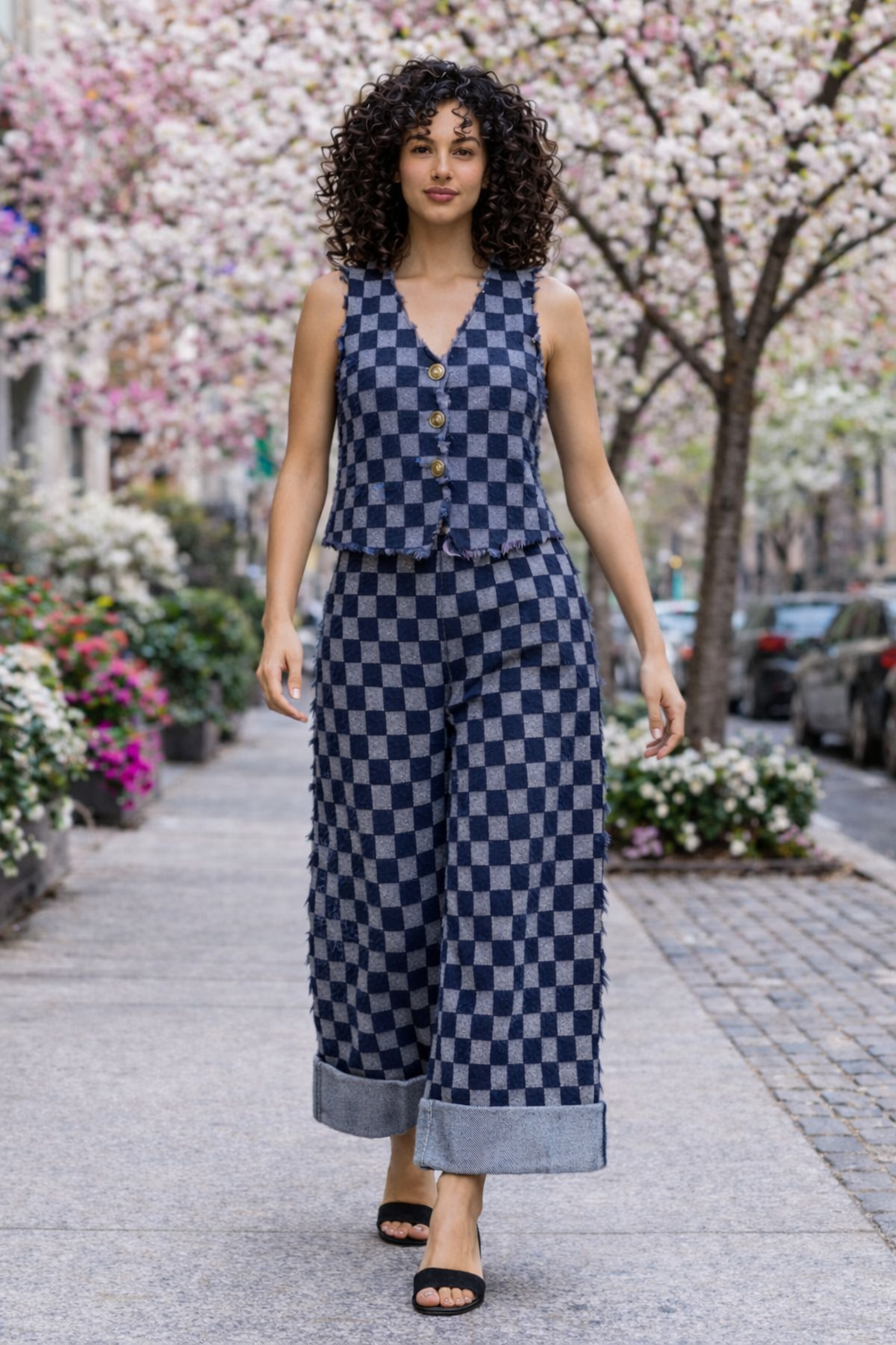 Set jean checkered γιλέκο - παντελόνα