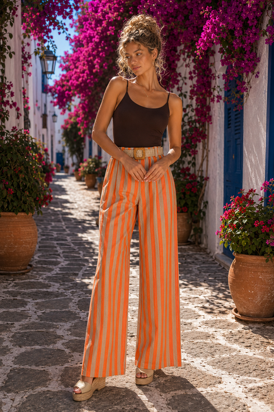 Παντελόνα viscose ριγέ με ζώνη