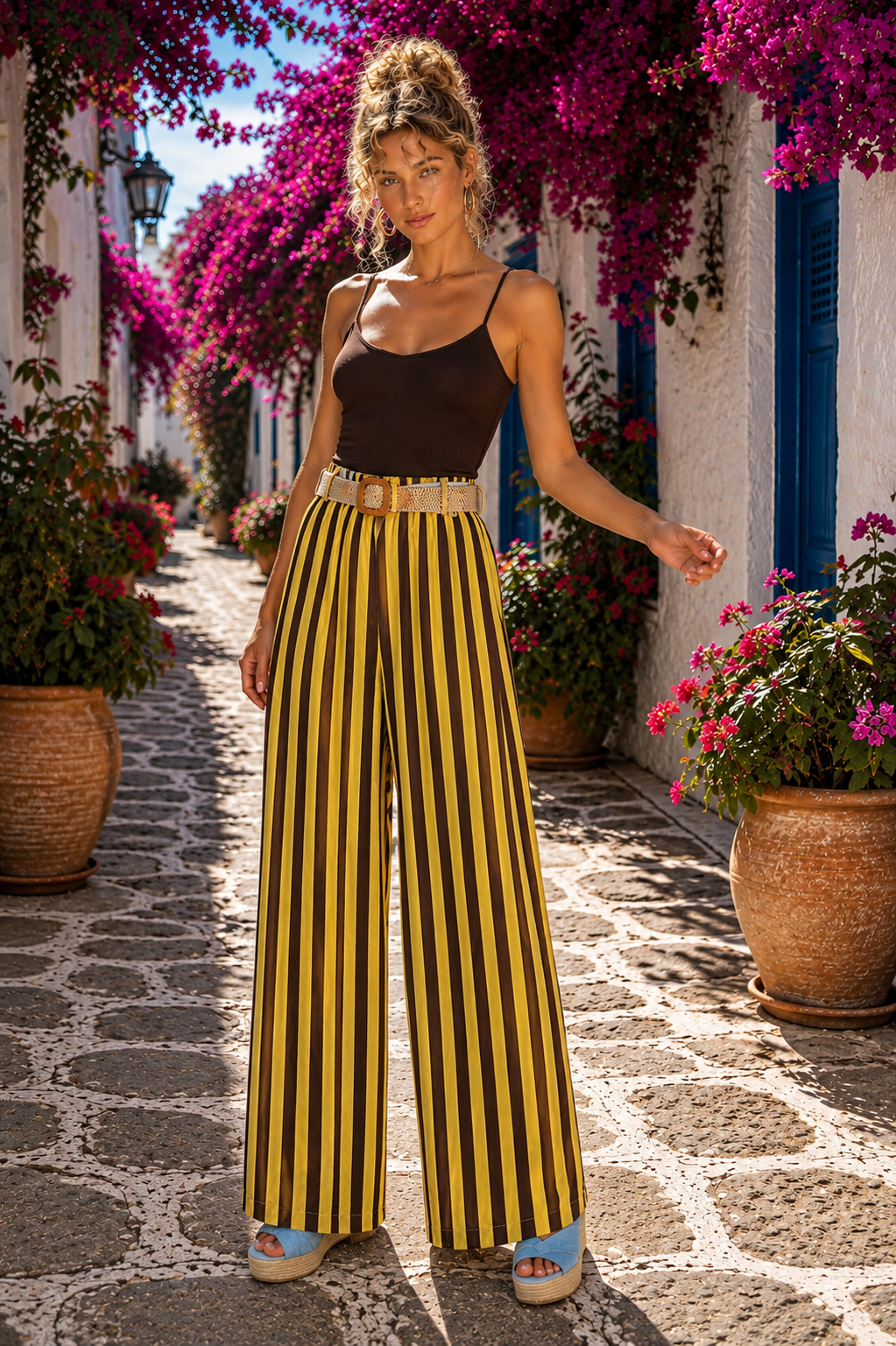 Παντελόνα viscose ριγέ με ζώνη