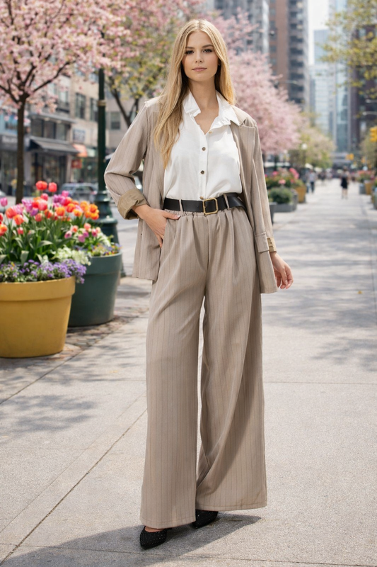 Κοστούμι ριγέ κρεπ blazer - παντελόνι oversized