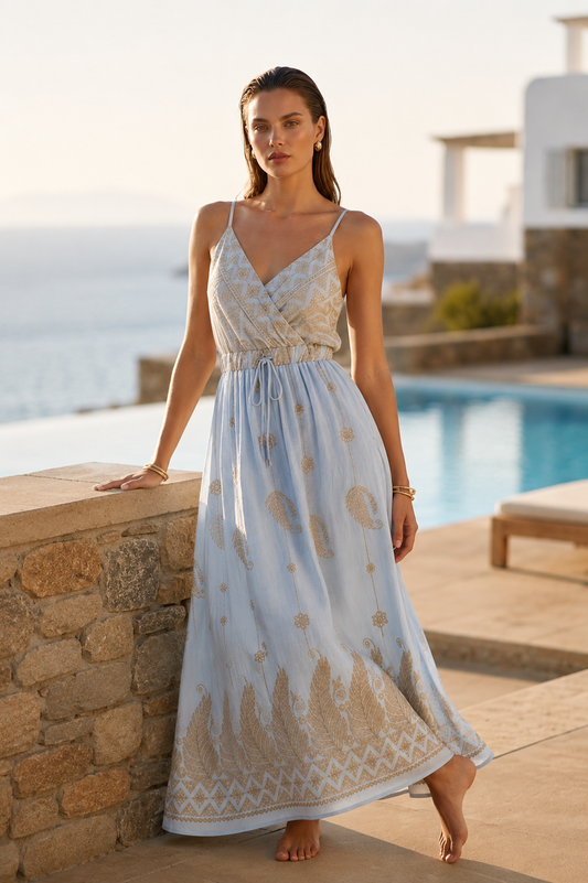 Φόρεμα maxi viscose/linen με κεντήματα