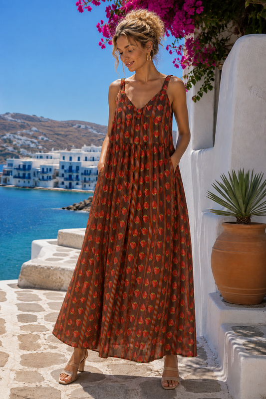 Φόρεμα maxi viscose loose ριγέ strawberry printed