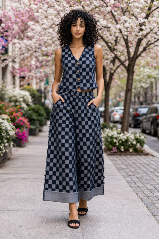 Set jean checkered γιλέκο - παντελόνα