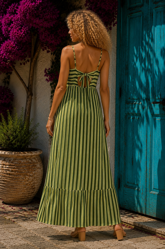 Φόρεμα maxi ριγέ viscose με βολάν