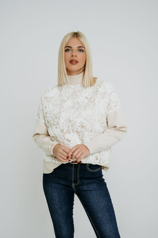 Μπλούζα πλεκτή με απλικέ λουλούδια