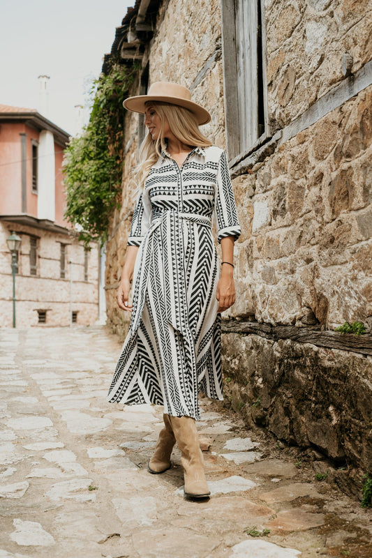 Φόρεμα midi σεμιζιέ ethnic printed
