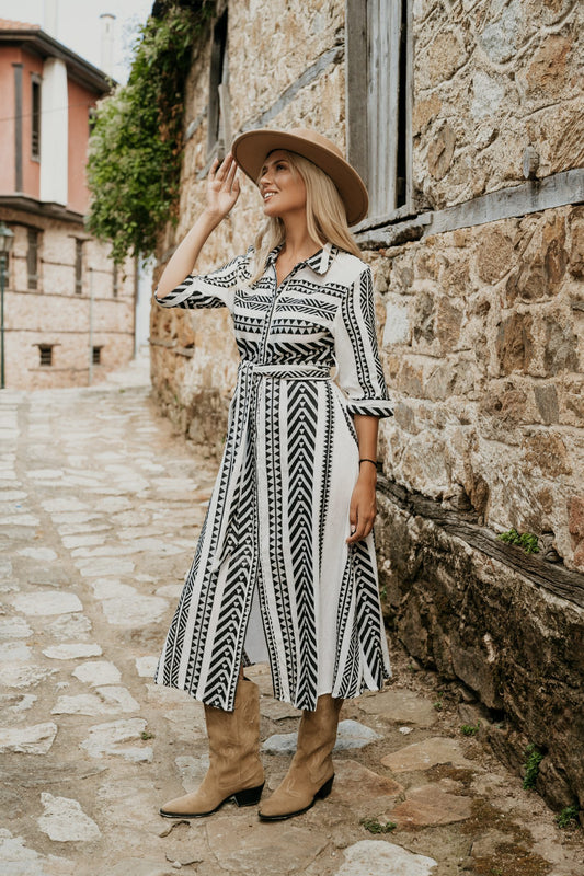 Φόρεμα midi σεμιζιέ ethnic printed