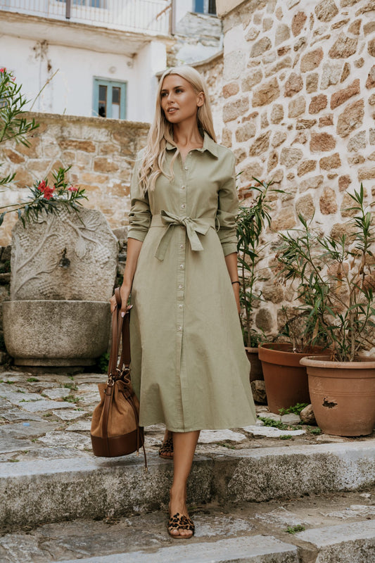 Φόρεμα midi λινό σεμιζιέ