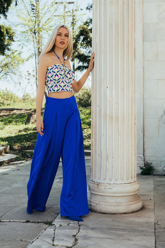 Σετ top cropped floral - Παντελόνα φαρδιά