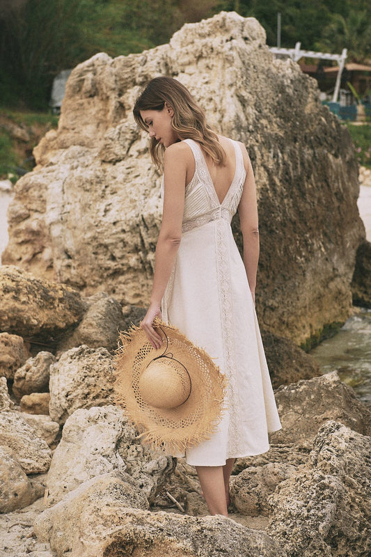 Φόρεμα midi λινό με δανδέλα