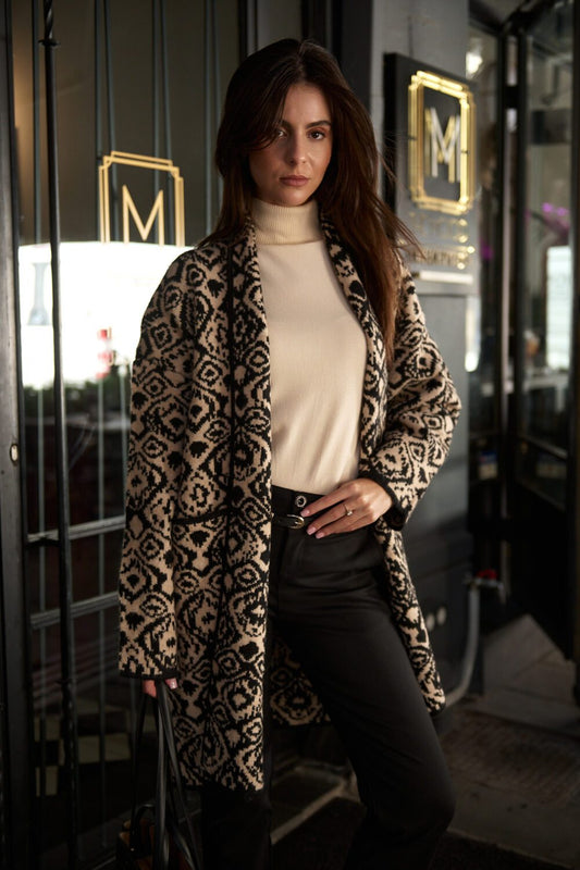 Ζακέτα midi oversized printed μάλλινη