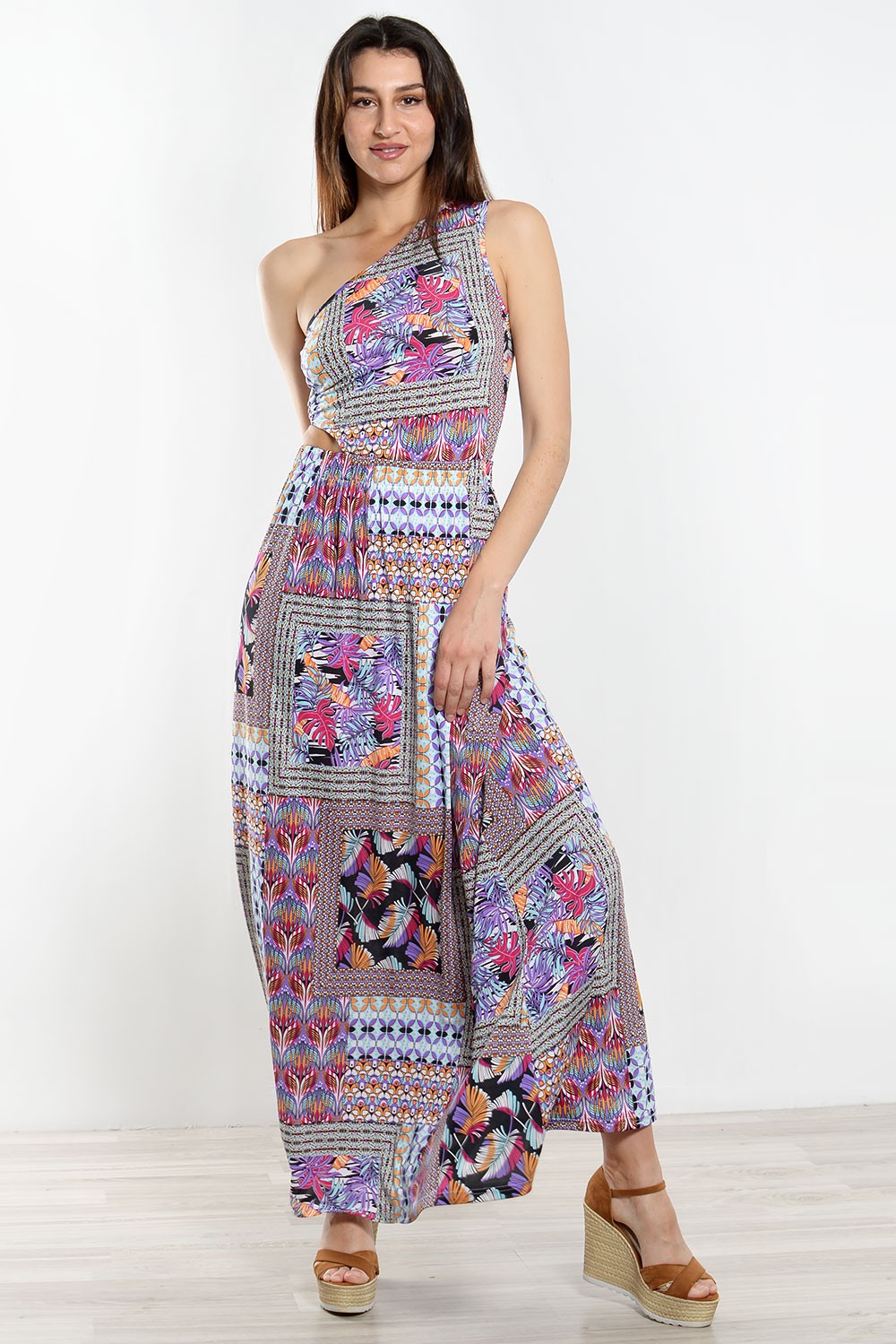 Φόρεμα maxi εμπριμέ με έναν ώμο