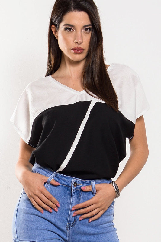 Μπλούζα loose λινή δίχρωμη