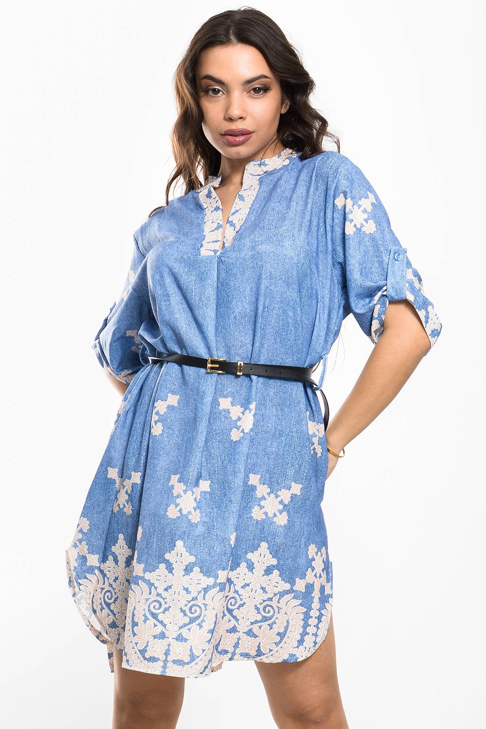 Φόρεμα mini denim look ethnic printed