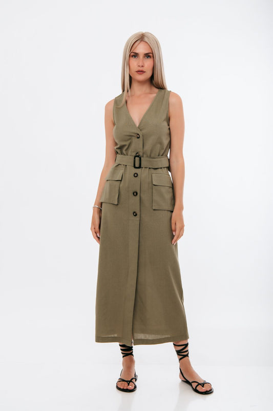 Φόρεμα λινό σεμιζιέ safari